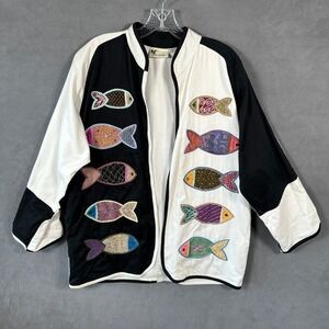 Yak Magik Womens Jacket Small Black and‎ White Open Front Cotton Fish Design